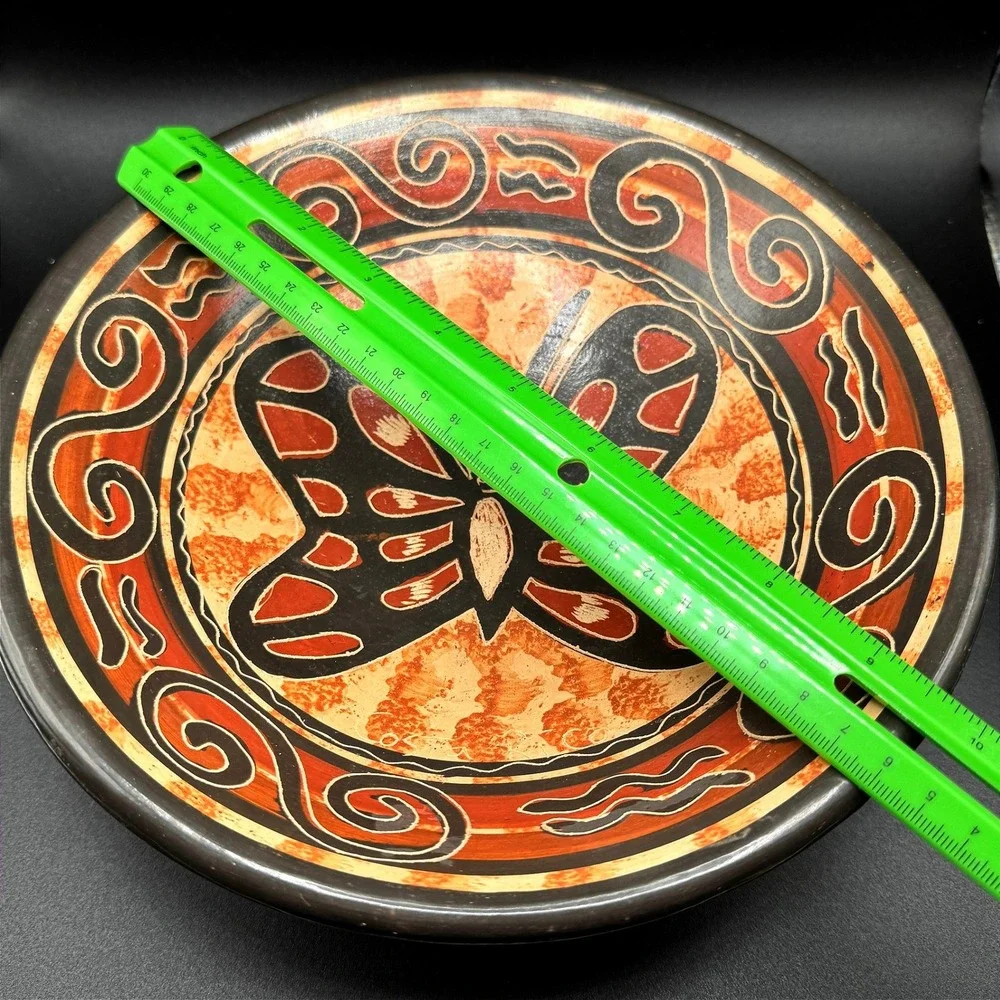Hand Painted Tripod Bowl Butterfly Folk Art Terracotta Mexican Pottery Boho Vtg.